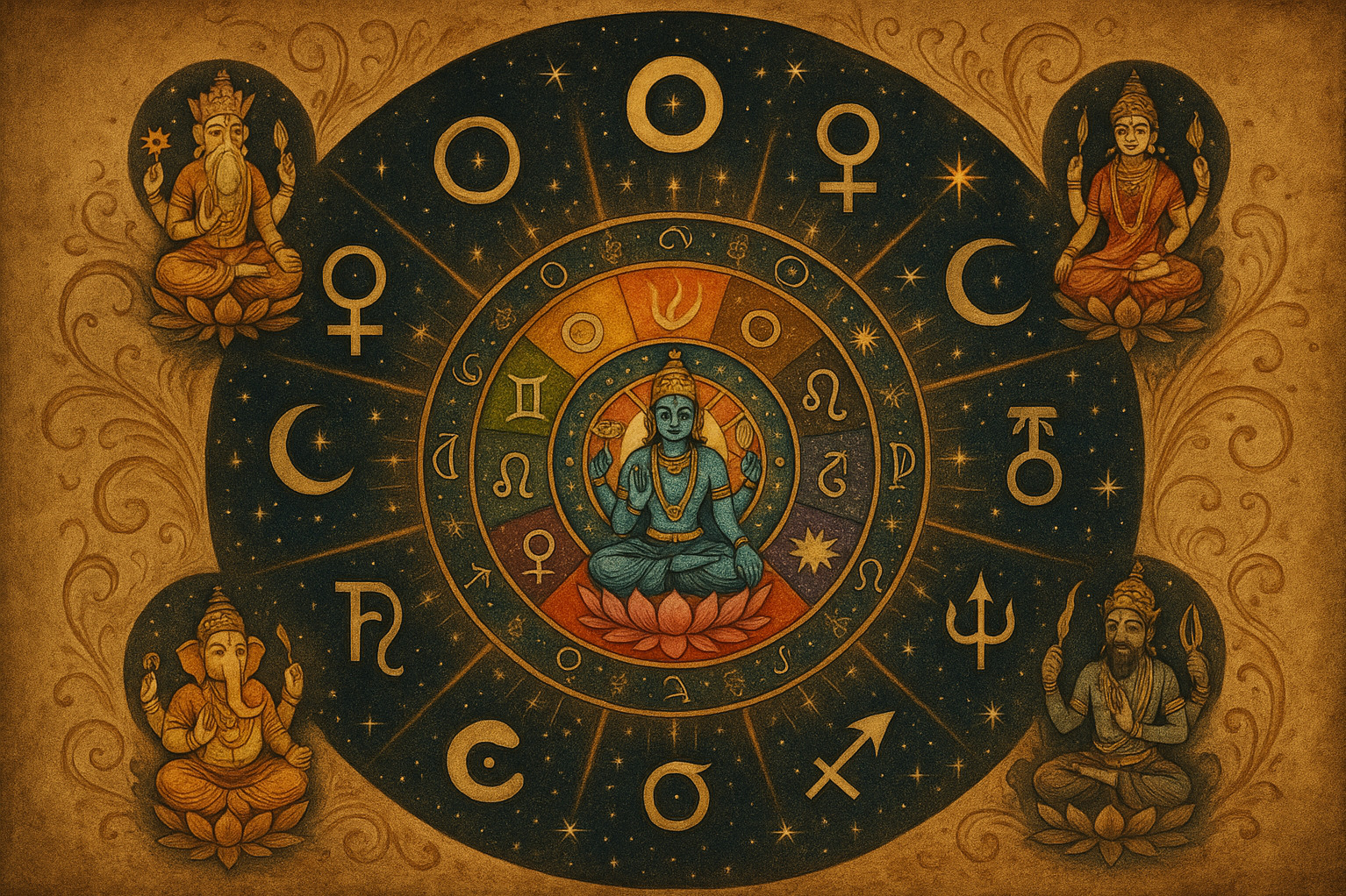 A cosmic Vedic mandala with no text: a blue deity seated on a lotus in the center, surrounded by circular rings of astrological symbols, planetary glyphs, and star patterns. Four other deities sit on lotuses at the corners, and the entire piece is rendered in an ancient parchment style with glowing gold light and celestial motifs.