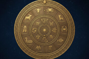 A detailed, embossed gold relief of a circular Vedic Astrology (Jyotish) chart on a dark, star-filled, deep blue background. The wheel shows the twelve zodiac signs (Rasis) with both their symbolic animal/figure illustrations (e.g., Ram for Mesha, Bull for Vrushabha, Crab for Karkata, Lion for Simha) and their Sanskrit names written around the outer ring. The inner rings contain the twelve house divisions and various astrological symbols, including the Om symbol at the center top. The words "Vedic Jyotish" are elegantly scripted below the wheel.