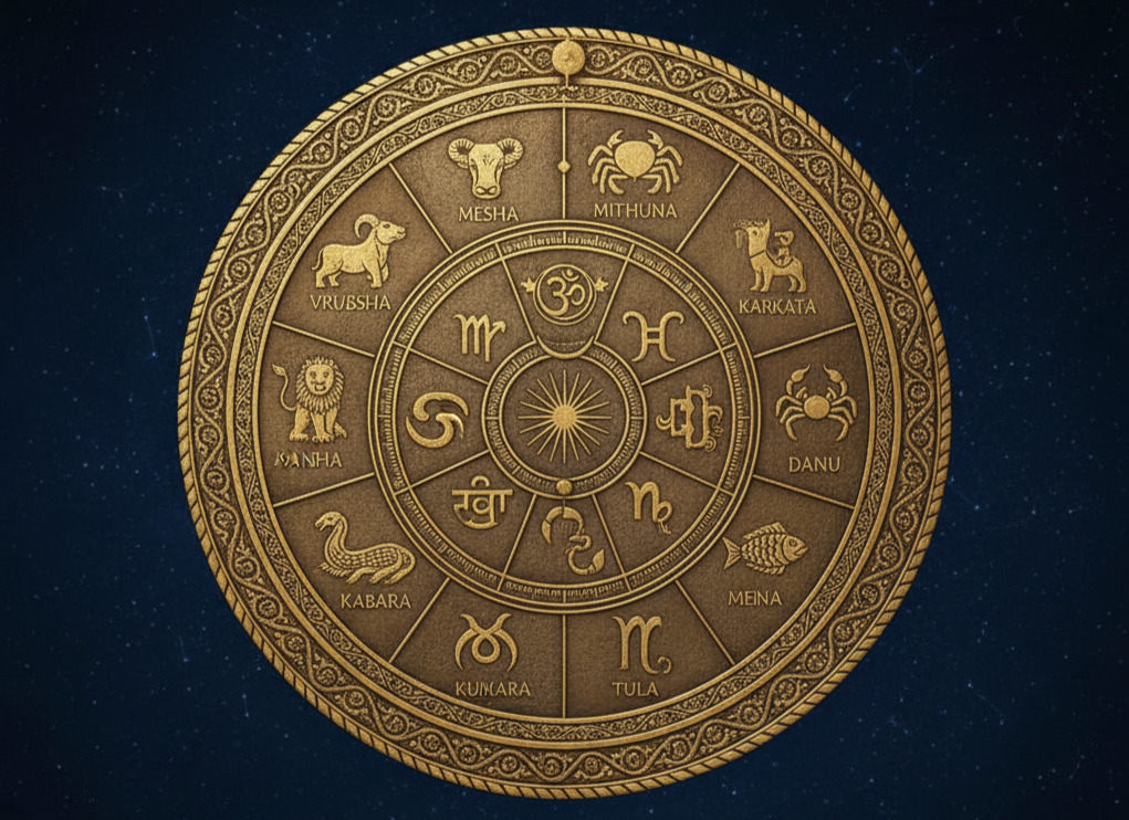 A detailed, embossed gold relief of a circular Vedic Astrology (Jyotish) chart on a dark, star-filled, deep blue background. The wheel shows the twelve zodiac signs (Rasis) with both their symbolic animal/figure illustrations (e.g., Ram for Mesha, Bull for Vrushabha, Crab for Karkata, Lion for Simha) and their Sanskrit names written around the outer ring. The inner rings contain the twelve house divisions and various astrological symbols, including the Om symbol at the center top. The words "Vedic Jyotish" are elegantly scripted below the wheel.